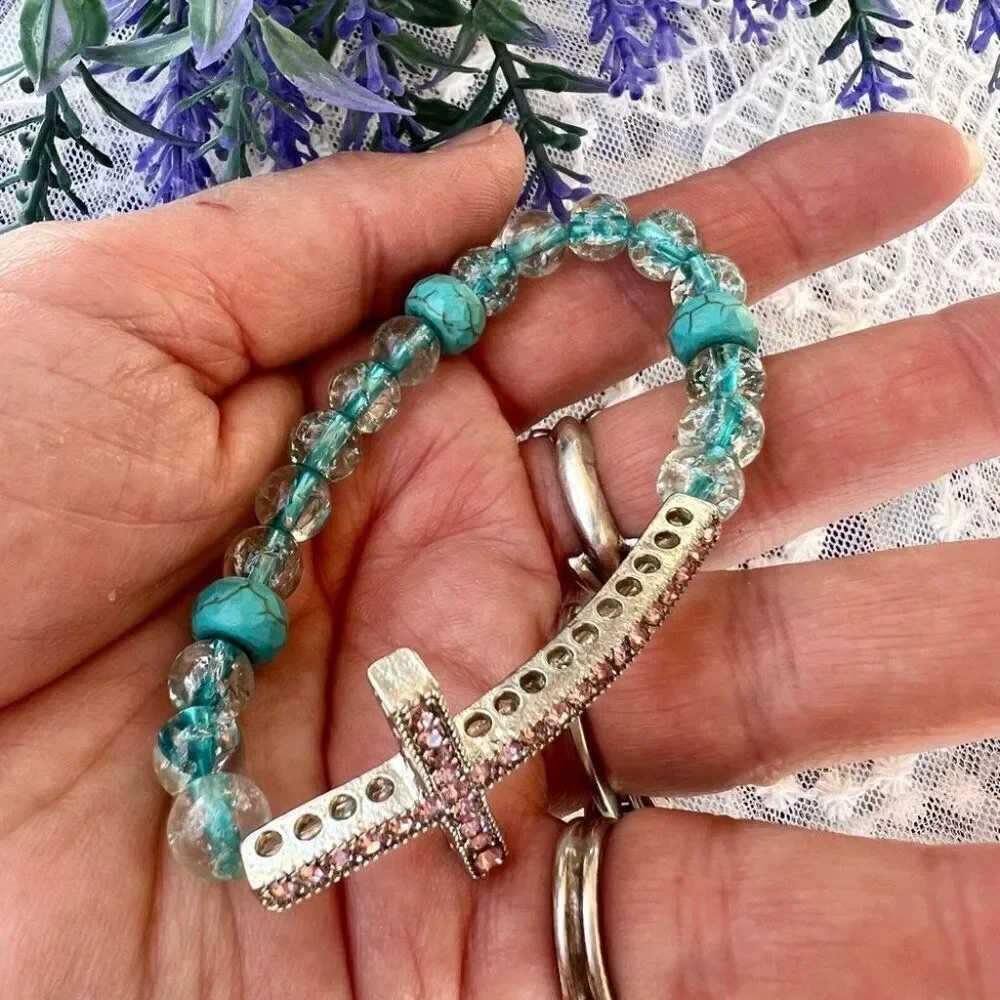 Pink Crystal Cross Stretch Bracelet